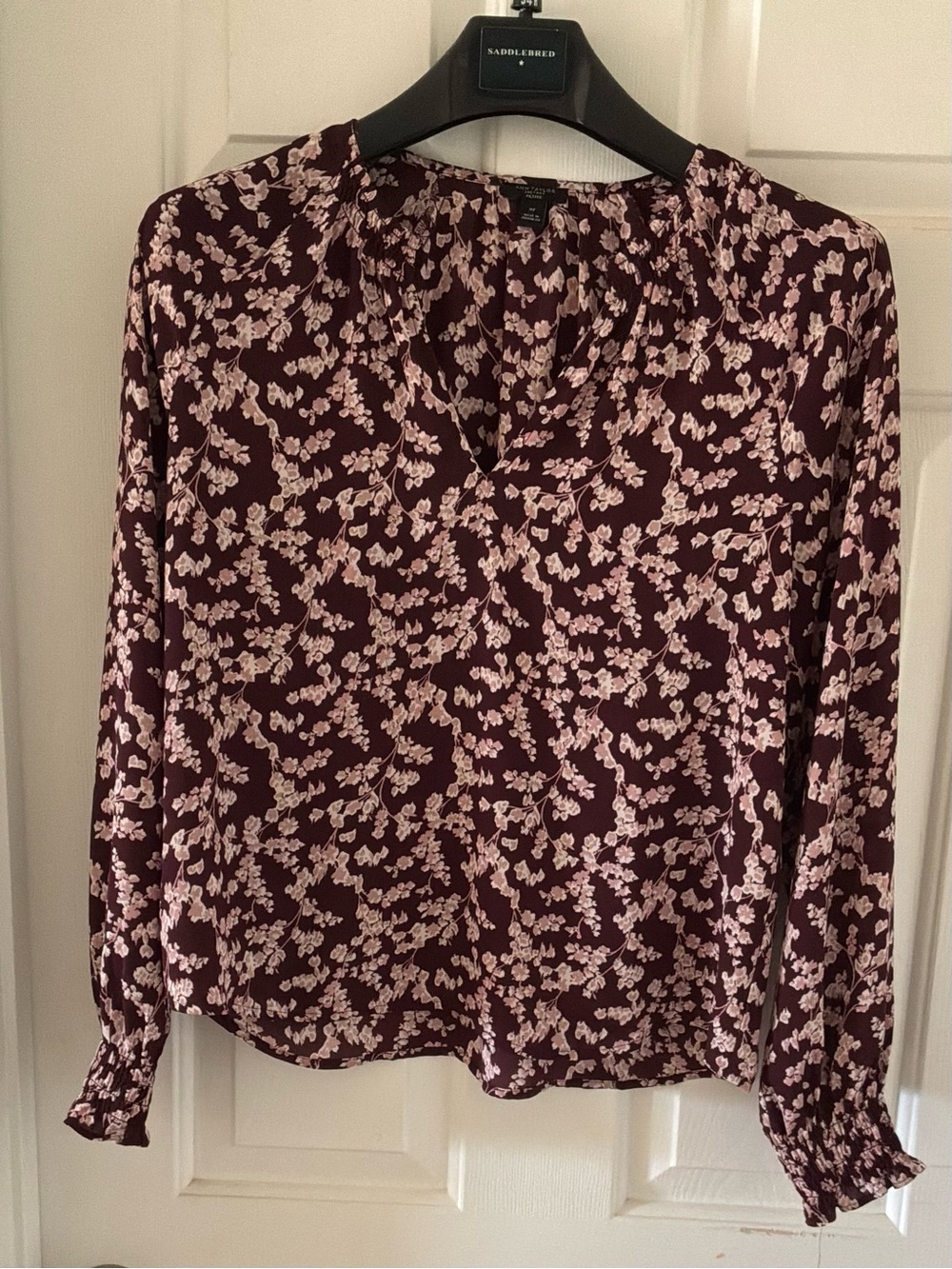 Ann Taylor Factory Burgundy Floral V-Neck Long Sleeve Blouse